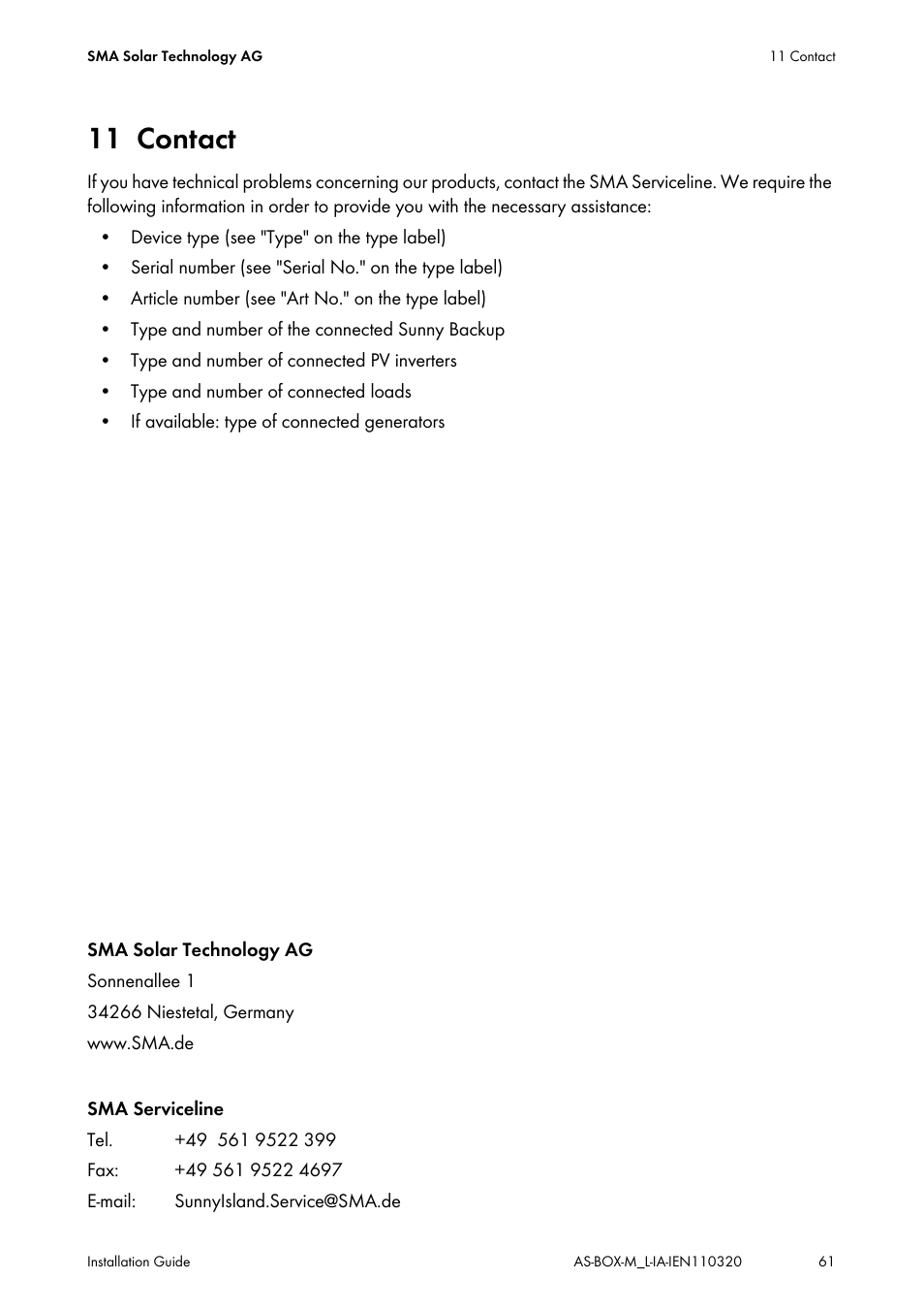 11 contact, Contact | SMA AUTOMATIC SWITCH BOX M-20 User Manual | Page 61 / 64