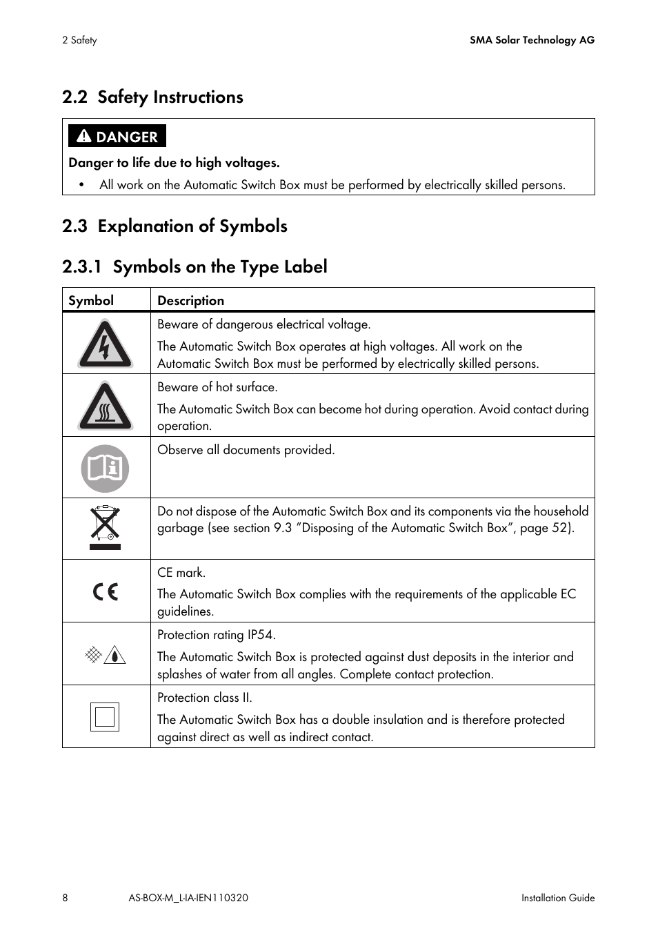 2 safety instructions, 3 explanation of symbols, 1 symbols on the type label | Safety instructions, Explanation of symbols, Symbols on the type label | SMA AUTOMATIC SWITCH BOX M-20 User Manual | Page 8 / 64