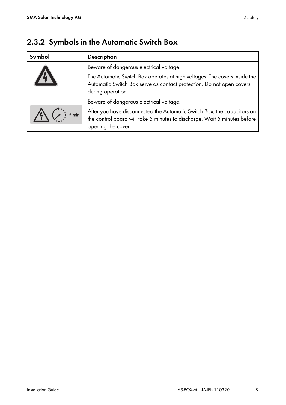 2 symbols in the automatic switch box, Symbols in the automatic switch box | SMA AUTOMATIC SWITCH BOX M-20 User Manual | Page 9 / 64