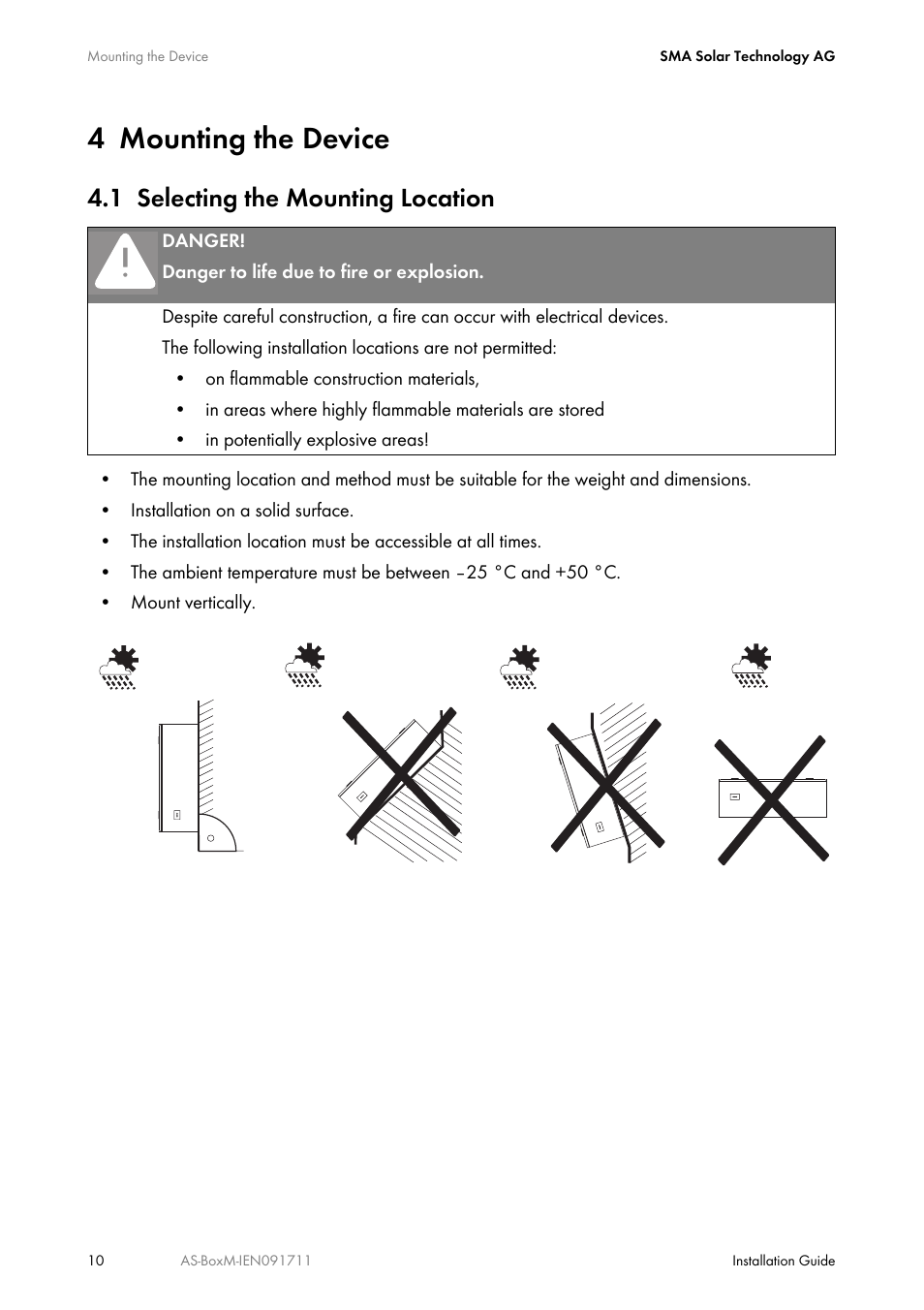 4 mounting the device, 1 selecting the mounting location, Mounting the device | Selecting the mounting location | SMA AUTOMATIC SWITCH BOX M User Manual | Page 10 / 44