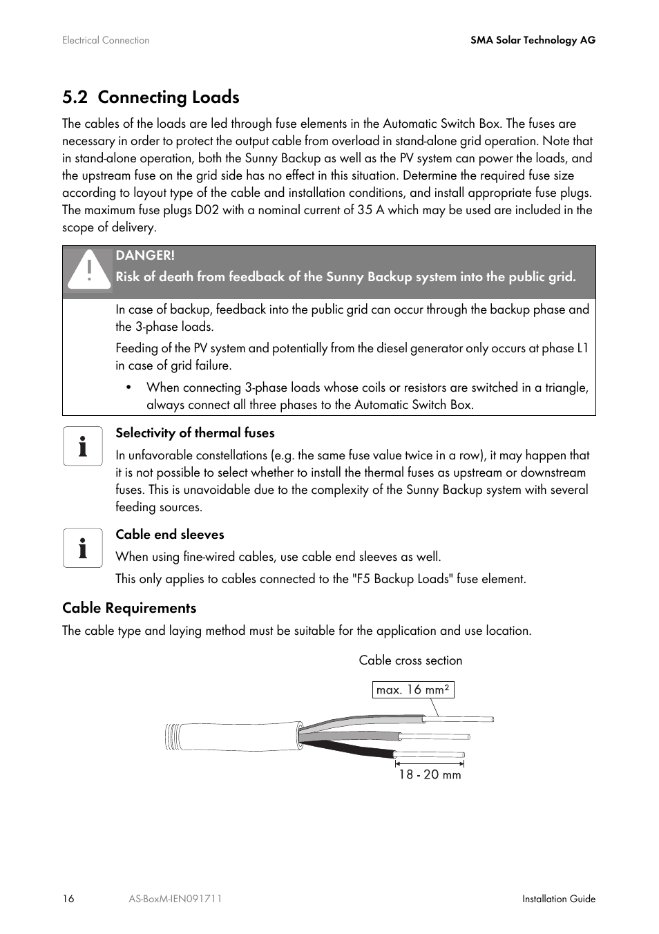 2 connecting loads, Connecting loads | SMA AUTOMATIC SWITCH BOX M User Manual | Page 16 / 44