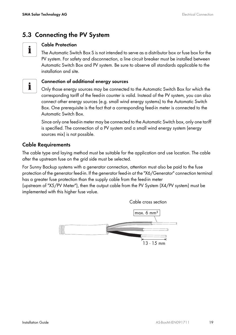 3 connecting the pv system, Connecting the pv system, Cable requirements | SMA AUTOMATIC SWITCH BOX M User Manual | Page 19 / 44