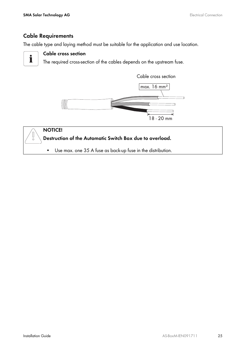 Cable requirements | SMA AUTOMATIC SWITCH BOX M User Manual | Page 25 / 44