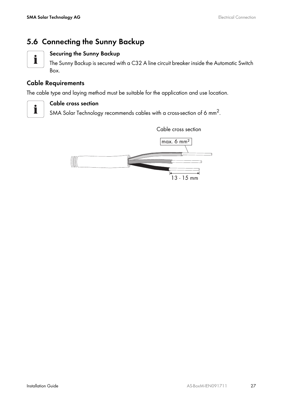 6 connecting the sunny backup, Connecting the sunny backup, Cable requirements | SMA AUTOMATIC SWITCH BOX M User Manual | Page 27 / 44