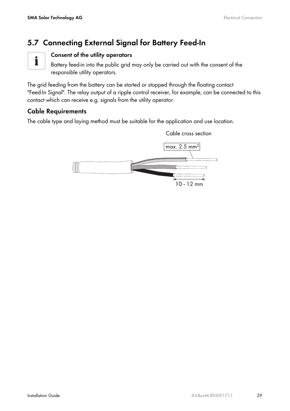 7 connecting external signal for battery feed-in, Connecting external signal for battery feed-in, Cable requirements | SMA AUTOMATIC SWITCH BOX M User Manual | Page 29 / 44