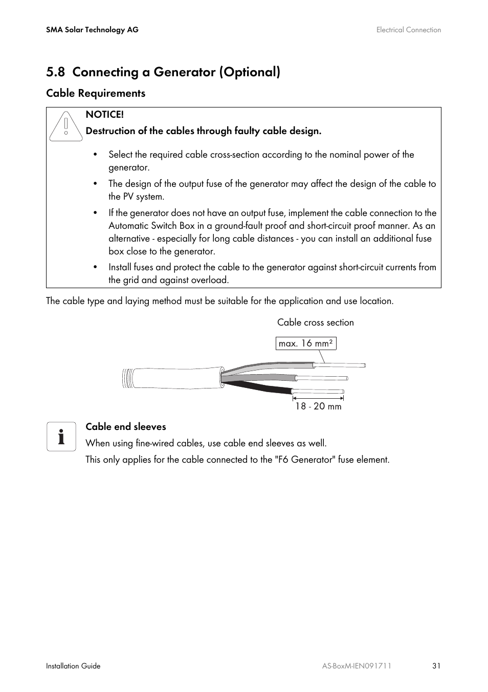 8 connecting a generator (optional), Connecting a generator (optional) | SMA AUTOMATIC SWITCH BOX M User Manual | Page 31 / 44