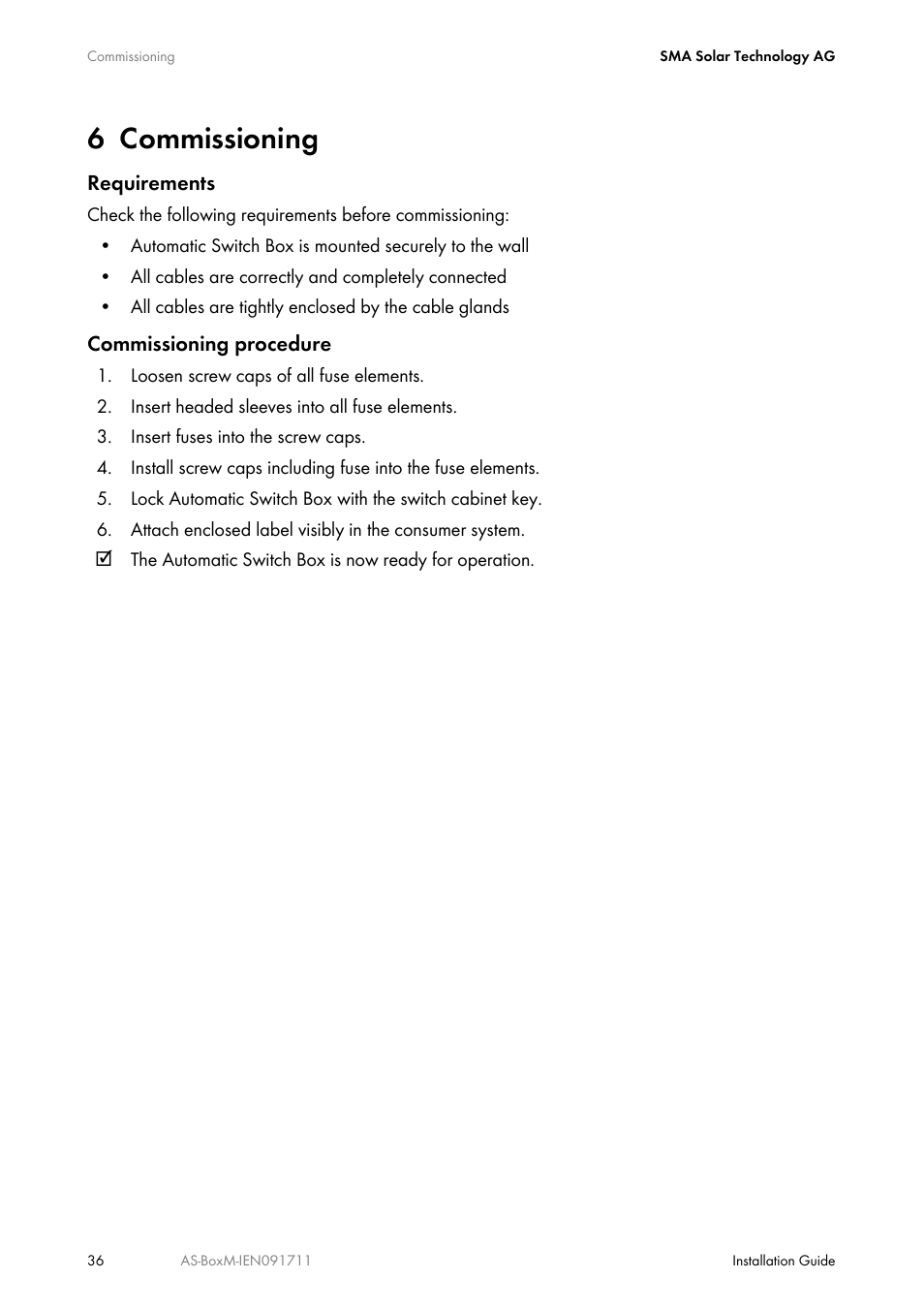 6 commissioning, Commissioning | SMA AUTOMATIC SWITCH BOX M User Manual | Page 36 / 44