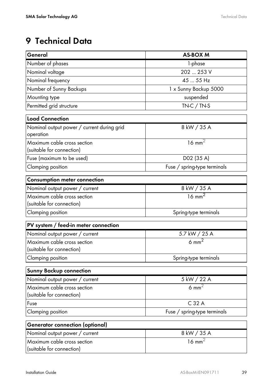 9 technical data, Technical data | SMA AUTOMATIC SWITCH BOX M User Manual | Page 39 / 44