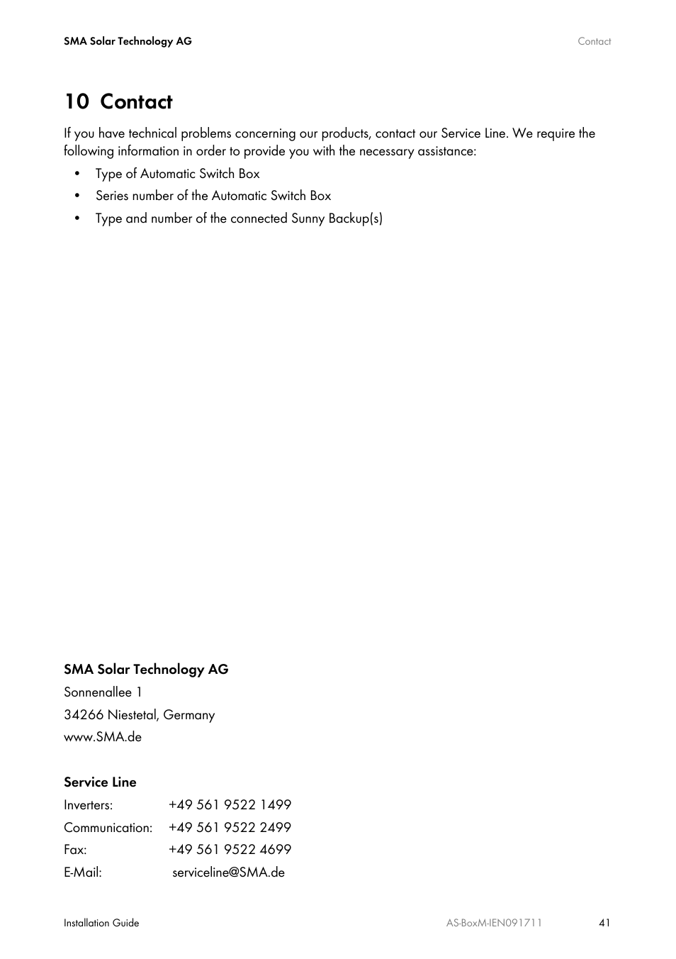 10 contact, Contact | SMA AUTOMATIC SWITCH BOX M User Manual | Page 41 / 44
