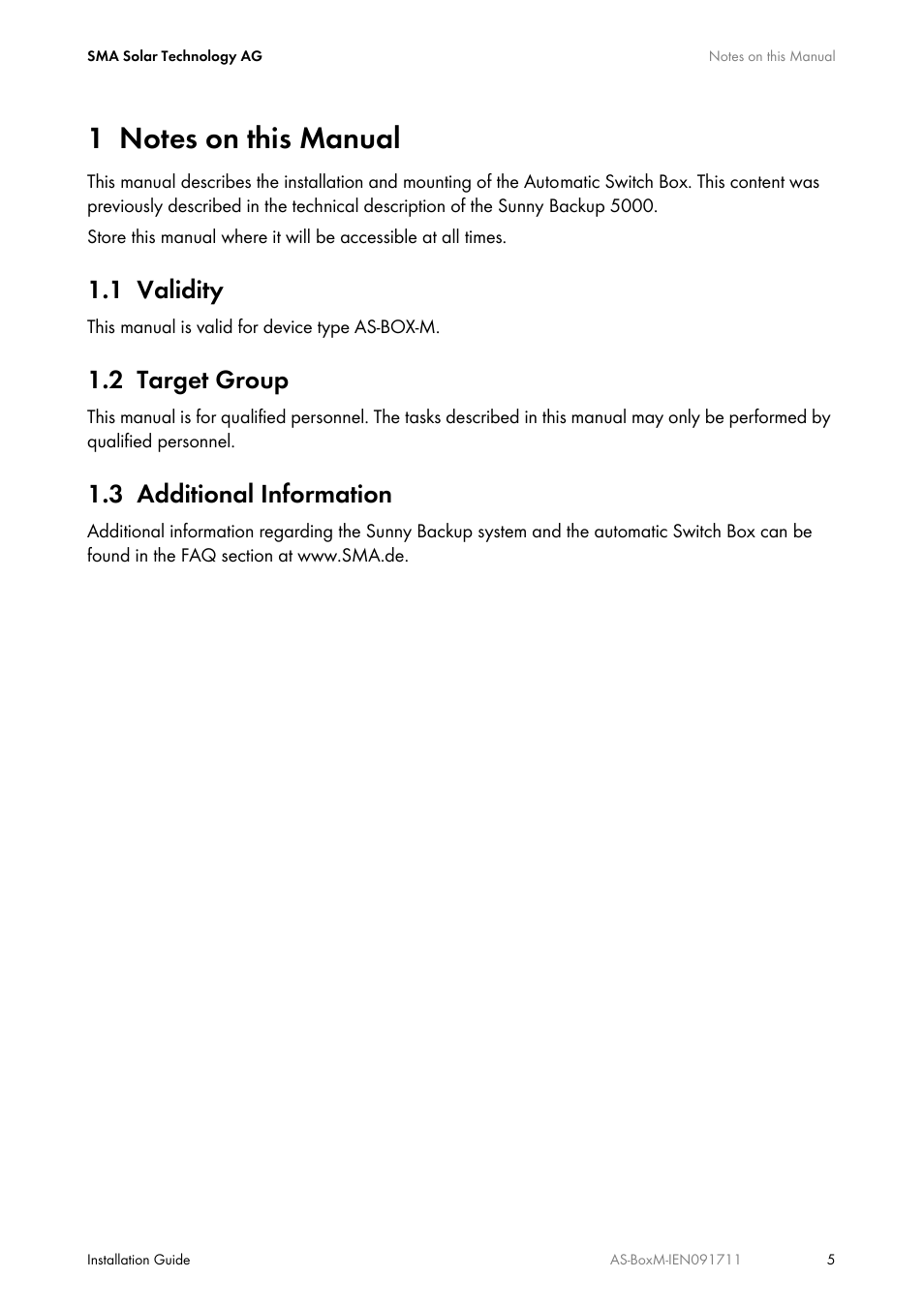 1 notes on this manual, 1 validity, 2 target group | 3 additional information, Notes on this manual, Validity, Target group, Additional information | SMA AUTOMATIC SWITCH BOX M User Manual | Page 5 / 44