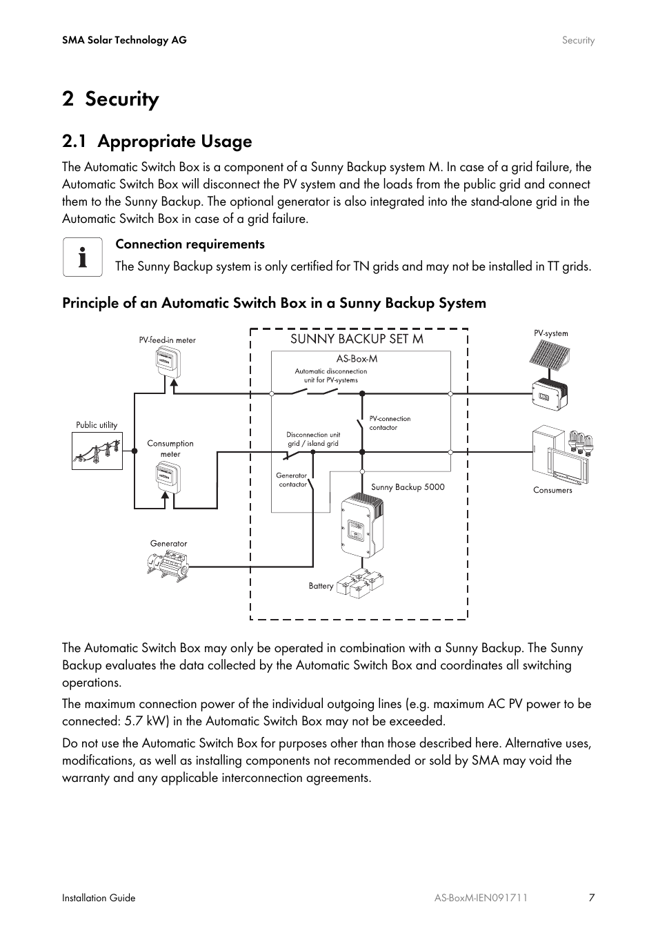 2 security, 1 appropriate usage, Security | Appropriate usage | SMA AUTOMATIC SWITCH BOX M User Manual | Page 7 / 44