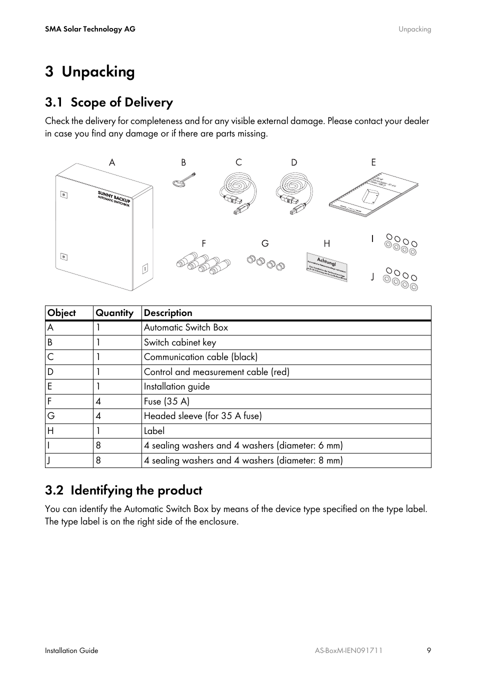 3 unpacking, 1 scope of delivery, 2 identifying the product | Unpacking, Scope of delivery, Identifying the product | SMA AUTOMATIC SWITCH BOX M User Manual | Page 9 / 44