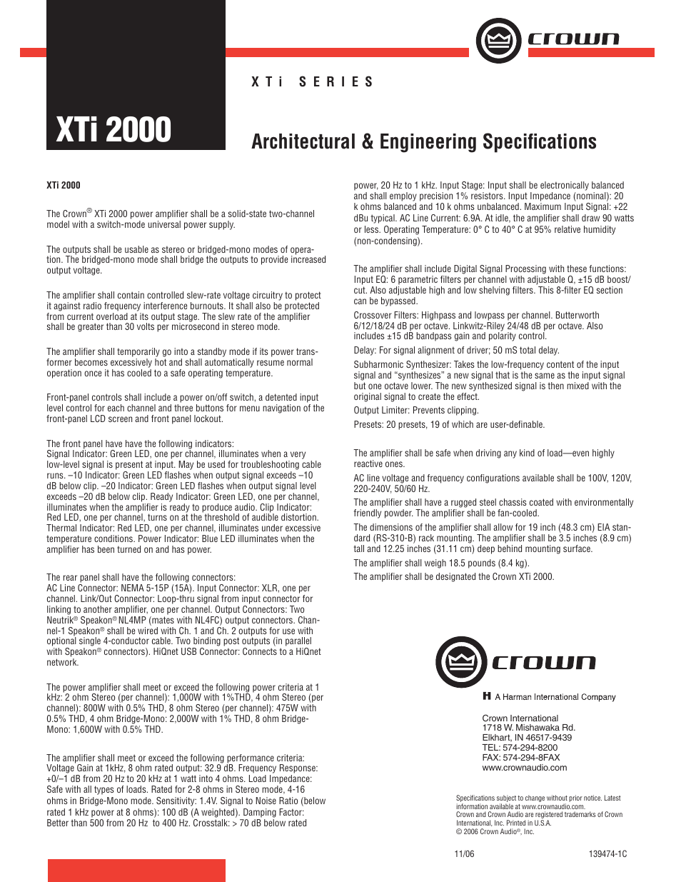Crown Audio XTi 2000 User Manual | 1 page