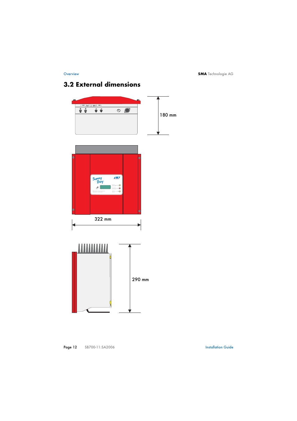 2 external dimensions, External dimensions | SMA SB 700 User Manual | Page 12 / 52