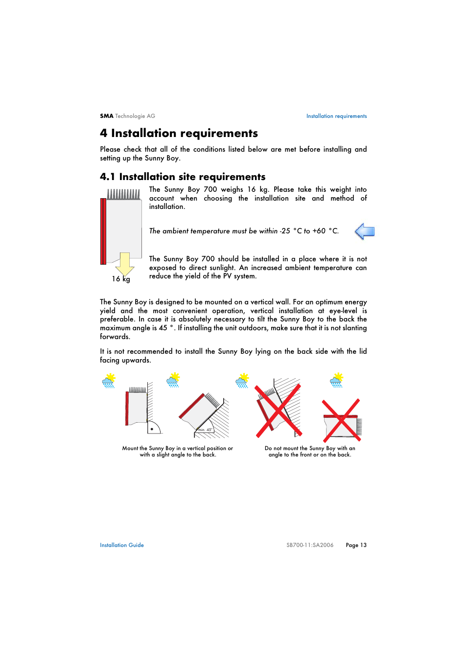 4 installation requirements, 1 installation site requirements, Installation requirements | Installation site requirements | SMA SB 700 User Manual | Page 13 / 52