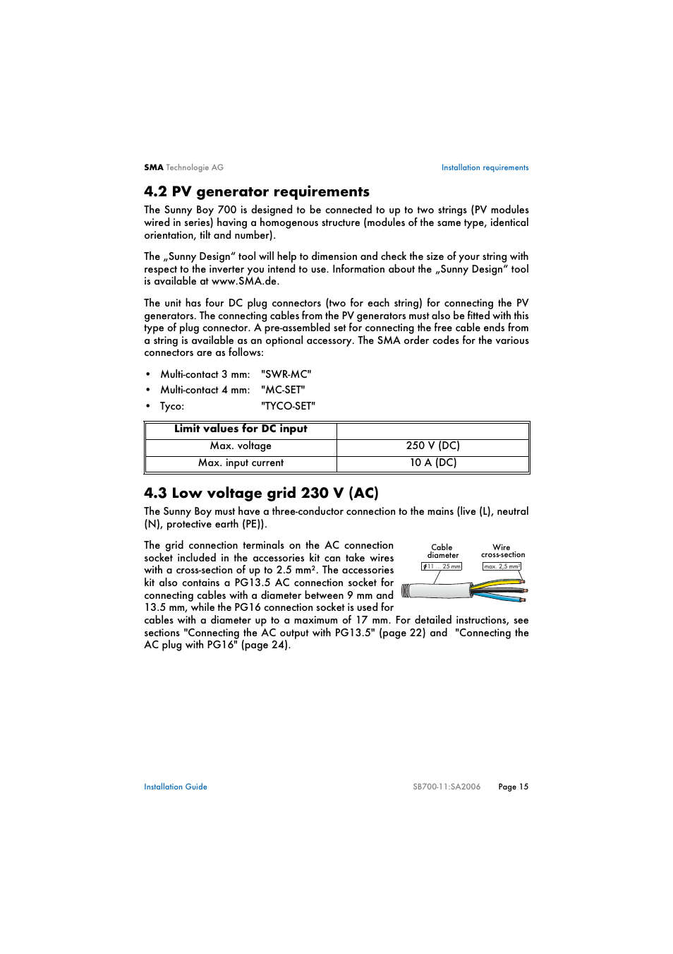 2 pv generator requirements, 3 low voltage grid 230 v (ac), Pv generator requirements | Low voltage grid 230 v (ac) | SMA SB 700 User Manual | Page 15 / 52