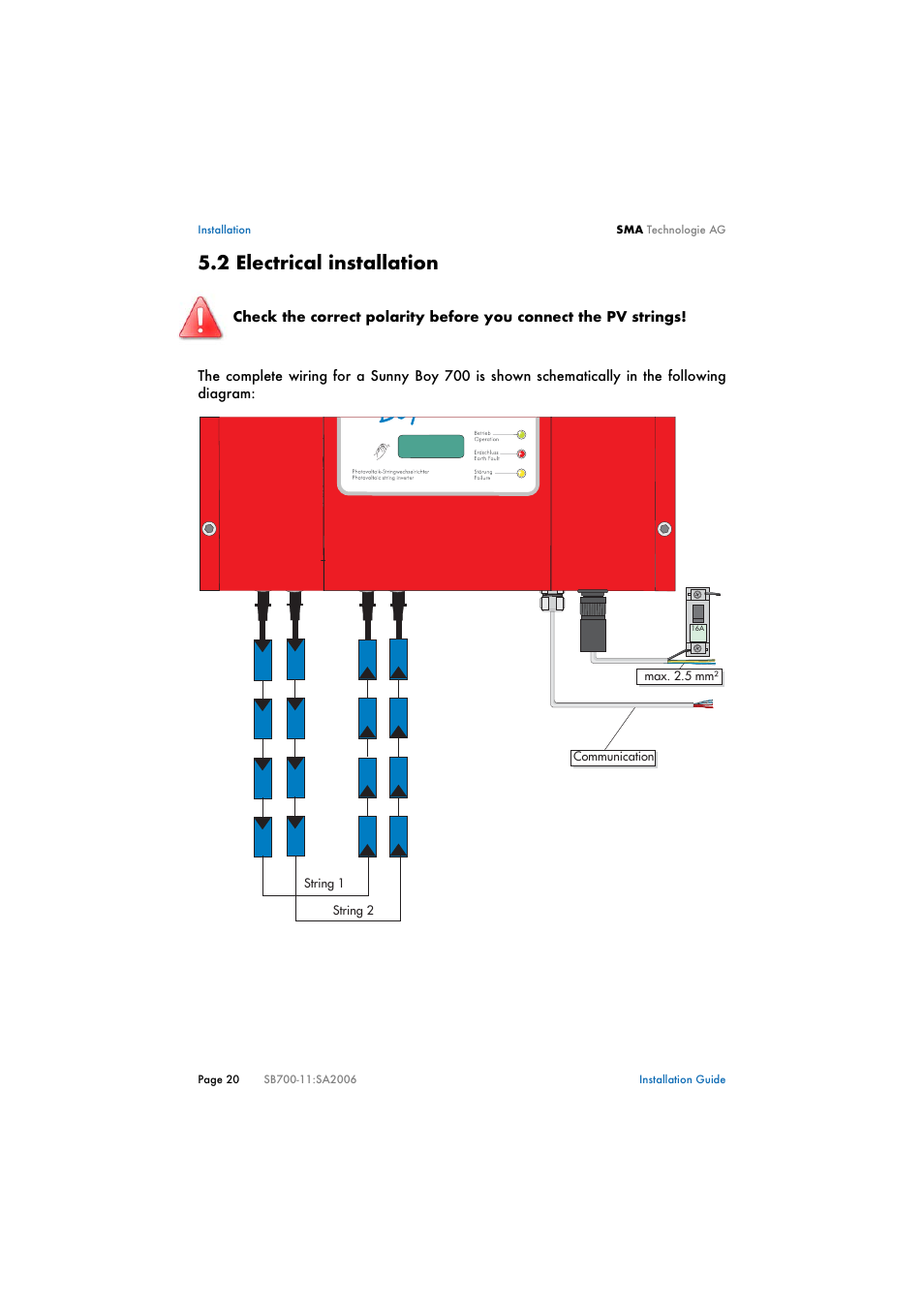 2 electrical installation, Electrical installation | SMA SB 700 User Manual | Page 20 / 52