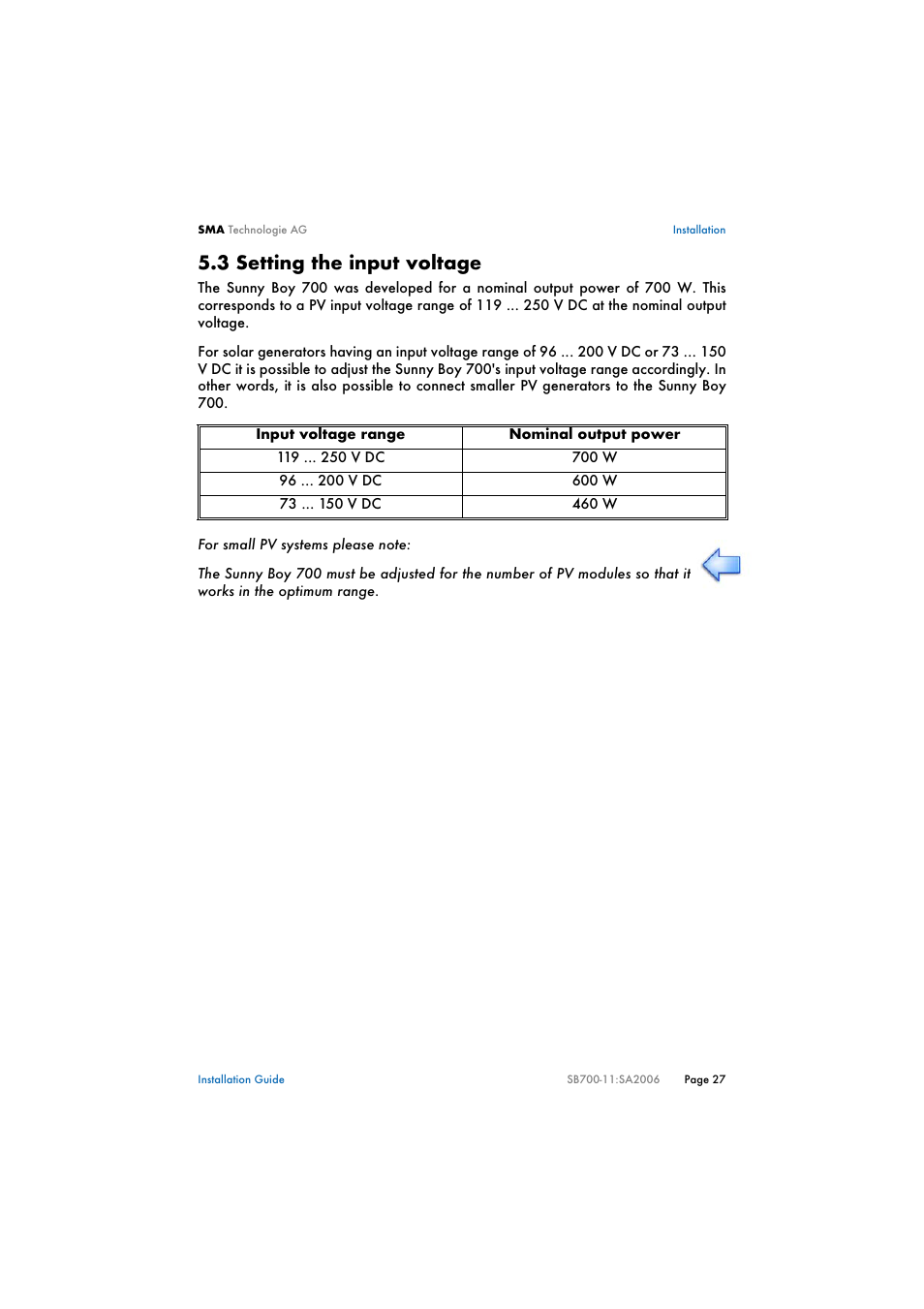 3 setting the input voltage, Setting the input voltage | SMA SB 700 User Manual | Page 27 / 52