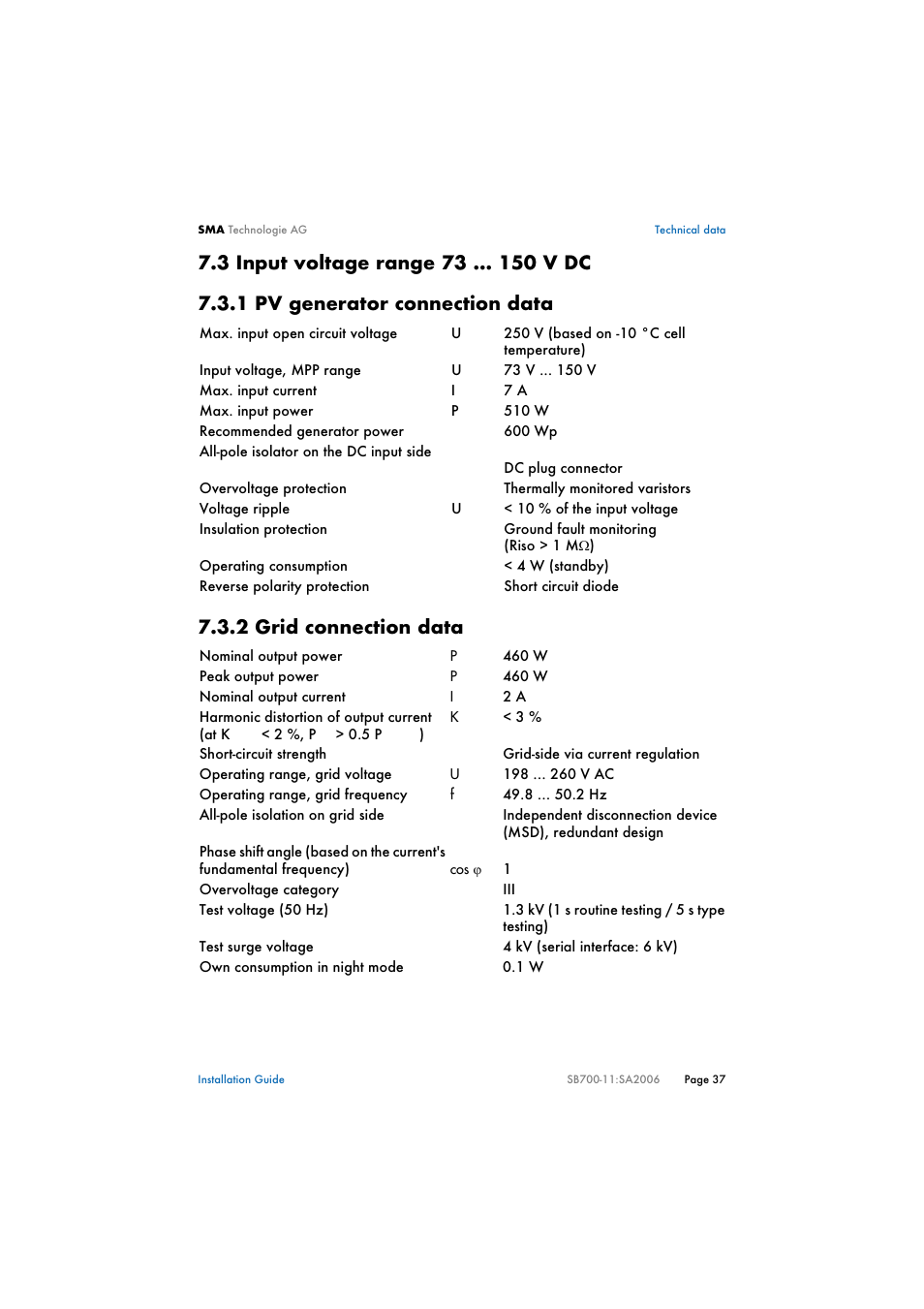 3 input voltage range 73 v dc, 1 pv generator connection data, 2 grid connection data | Input voltage range 73 v dc, Pv generator connection data, Grid connection data | SMA SB 700 User Manual | Page 37 / 52