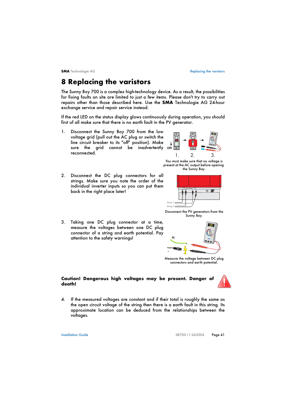 8 replacing the varistors, Replacing the varistors | SMA SB 700 User Manual | Page 41 / 52