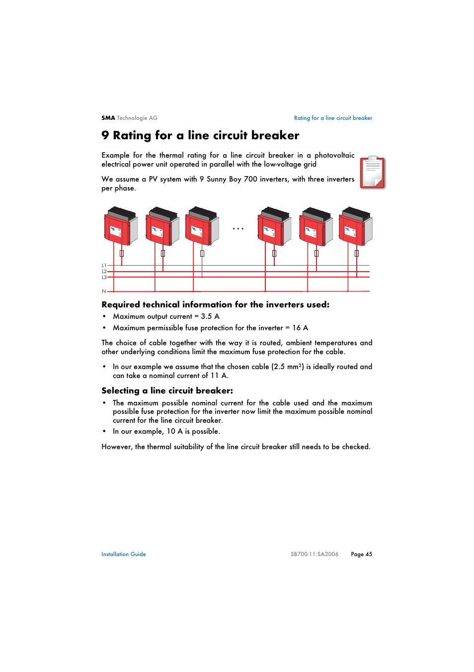 9 rating for a line circuit breaker, Rating for a line circuit breaker | SMA SB 700 User Manual | Page 45 / 52