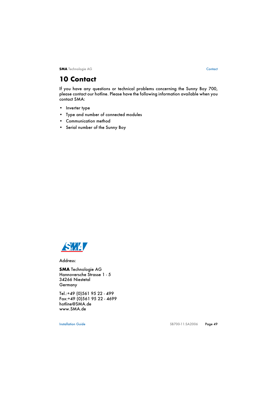 10 contact, Contact | SMA SB 700 User Manual | Page 49 / 52