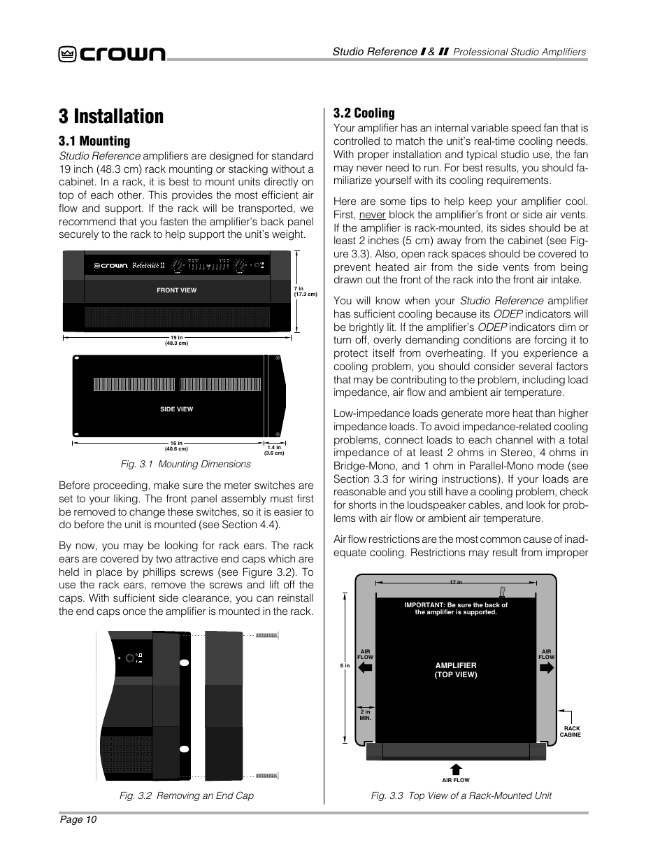 3 installation, 1 mounting, 2 cooling | Crown Audio STUDIO AMPLIFIER User Manual | Page 10 / 41