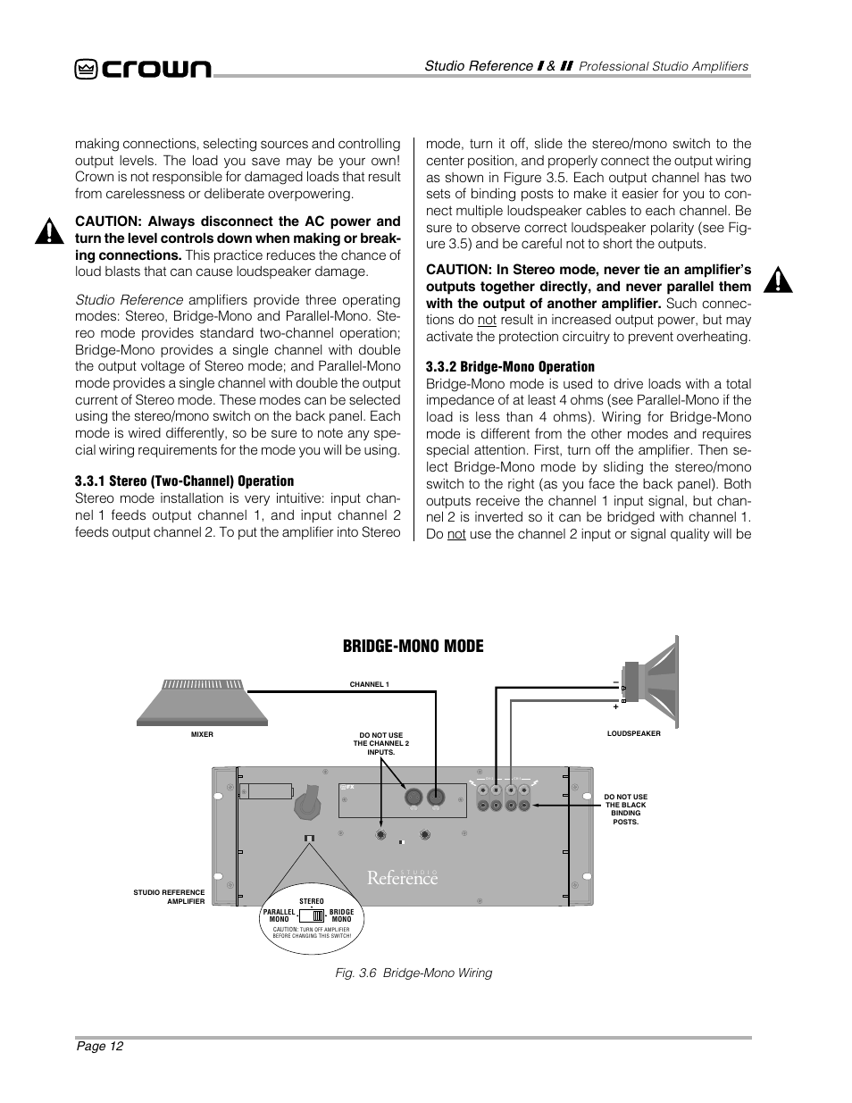 Reference, Bridge-mono mode, Page 12 | Professional studio amplifiers, Fig. 3.6 bridge-mono wiring | Crown Audio STUDIO AMPLIFIER User Manual | Page 12 / 41