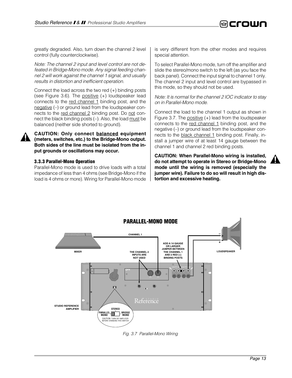 Reference, Parallel-mono mode, Page 13 | Professional studio amplifiers, Fig. 3.7 parallel-mono wiring | Crown Audio STUDIO AMPLIFIER User Manual | Page 13 / 41