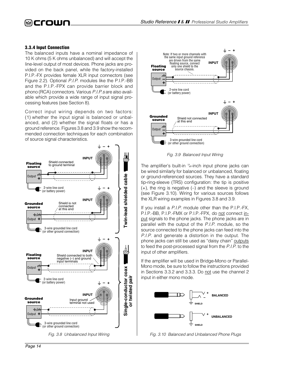 The amplifier’s built-in, Twin-lead shielded cable, Single-conductor coax or twisted pair | Crown Audio STUDIO AMPLIFIER User Manual | Page 14 / 41