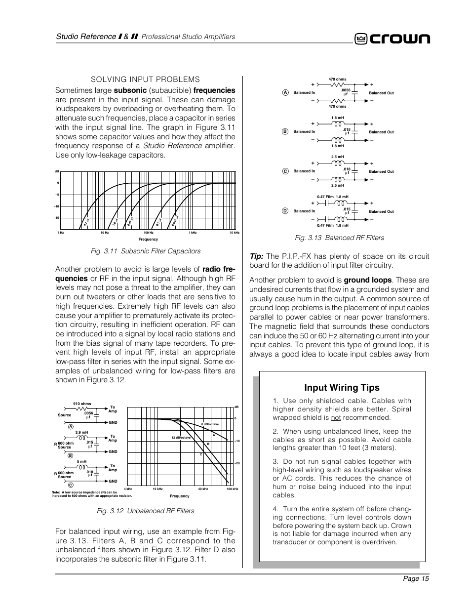 Input wiring tips, Page 15, Professional studio amplifiers | Fig. 3.13 balanced rf filters | Crown Audio STUDIO AMPLIFIER User Manual | Page 15 / 41