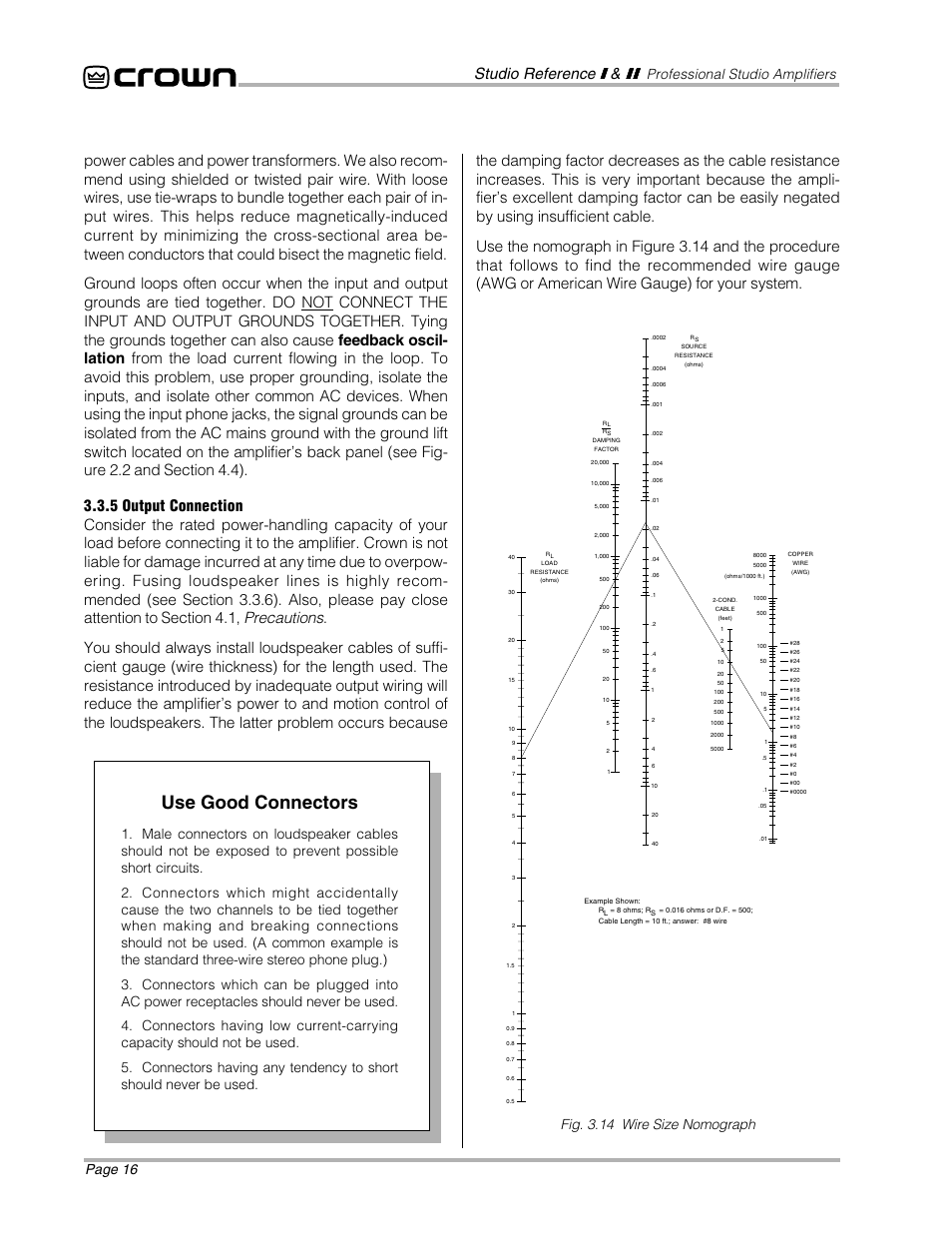 Use good connectors, Page 16, Professional studio amplifiers | Fig. 3.14 wire size nomograph | Crown Audio STUDIO AMPLIFIER User Manual | Page 16 / 41