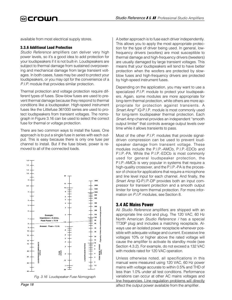 4 ac mains power, Page 18, Professional studio amplifiers | Fig. 3.16 loudspeaker fuse nomograph | Crown Audio STUDIO AMPLIFIER User Manual | Page 18 / 41
