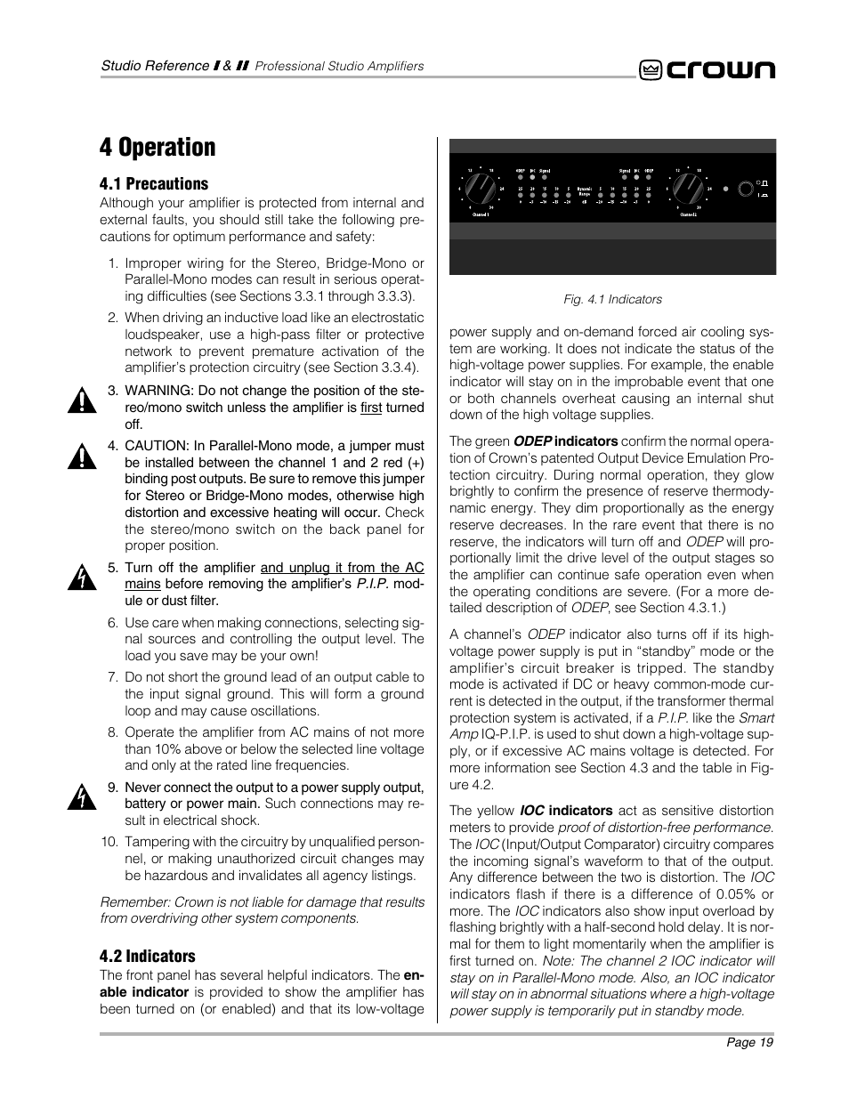 4 operation | Crown Audio STUDIO AMPLIFIER User Manual | Page 19 / 41