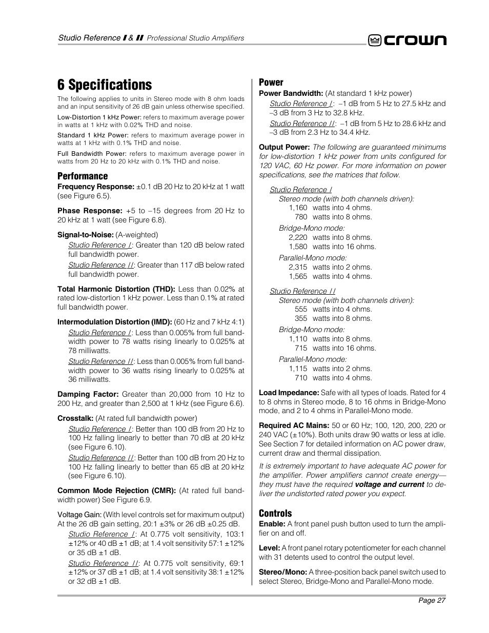 6 specifications, Performance, Power | Controls | Crown Audio STUDIO AMPLIFIER User Manual | Page 27 / 41