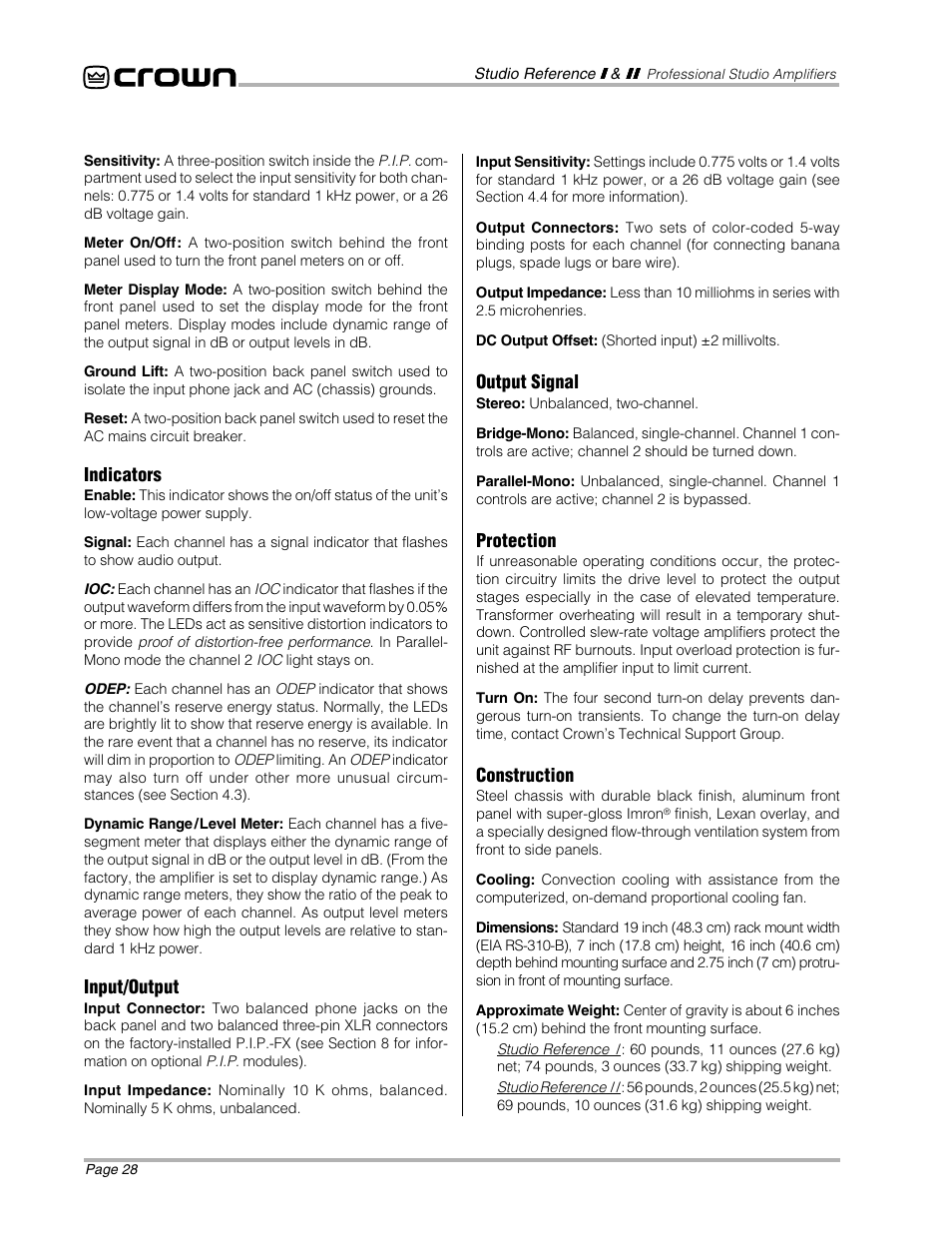 Indicators, Input/output, Output signal | Protection, Construction | Crown Audio STUDIO AMPLIFIER User Manual | Page 28 / 41