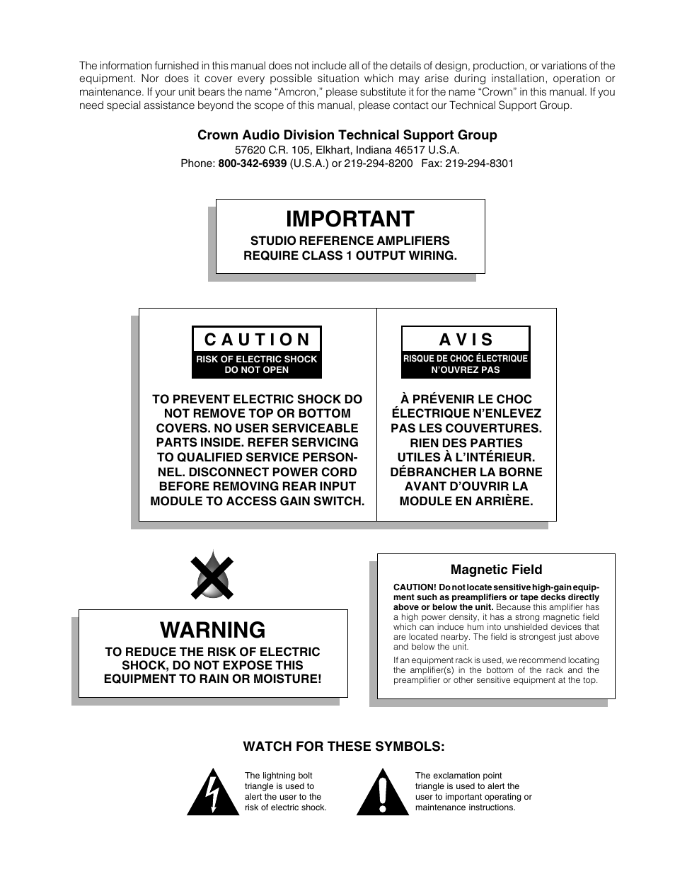 Important, Warning, A v i s | Crown Audio STUDIO AMPLIFIER User Manual | Page 3 / 41