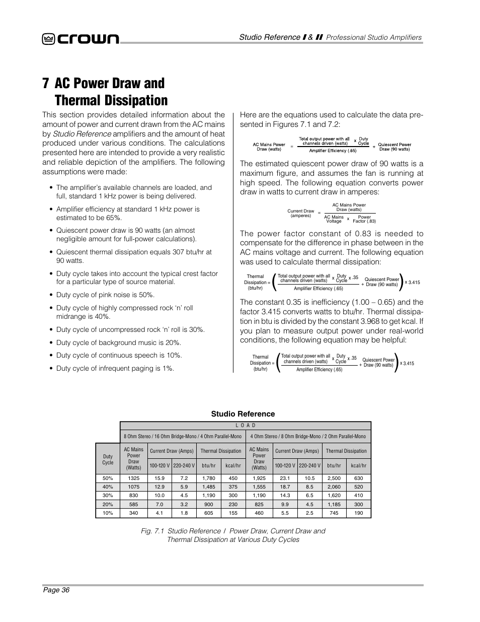 7 ac power draw and thermal dissipation | Crown Audio STUDIO AMPLIFIER User Manual | Page 36 / 41