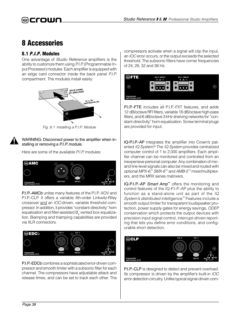 8 accessories, P.i.p, Modules | Crown Audio STUDIO AMPLIFIER User Manual | Page 38 / 41