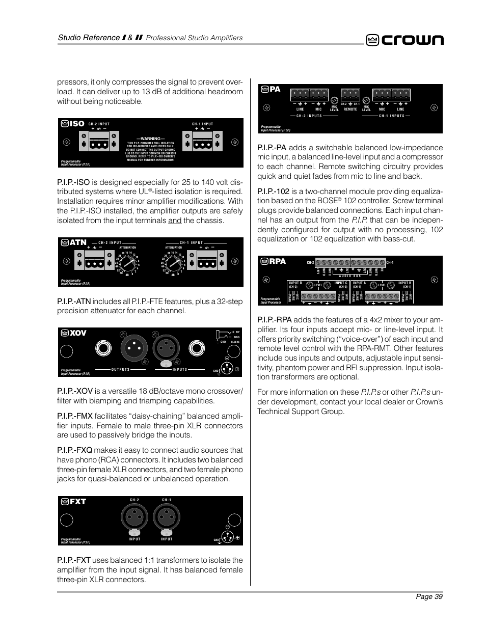Page 39, Professional studio amplifiers | Crown Audio STUDIO AMPLIFIER User Manual | Page 39 / 41