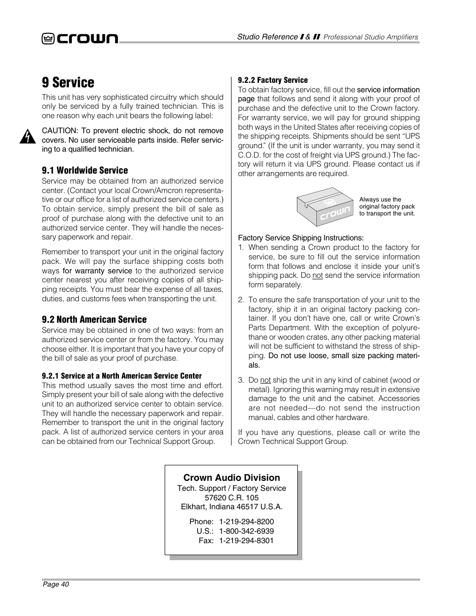 9 service | Crown Audio STUDIO AMPLIFIER User Manual | Page 40 / 41