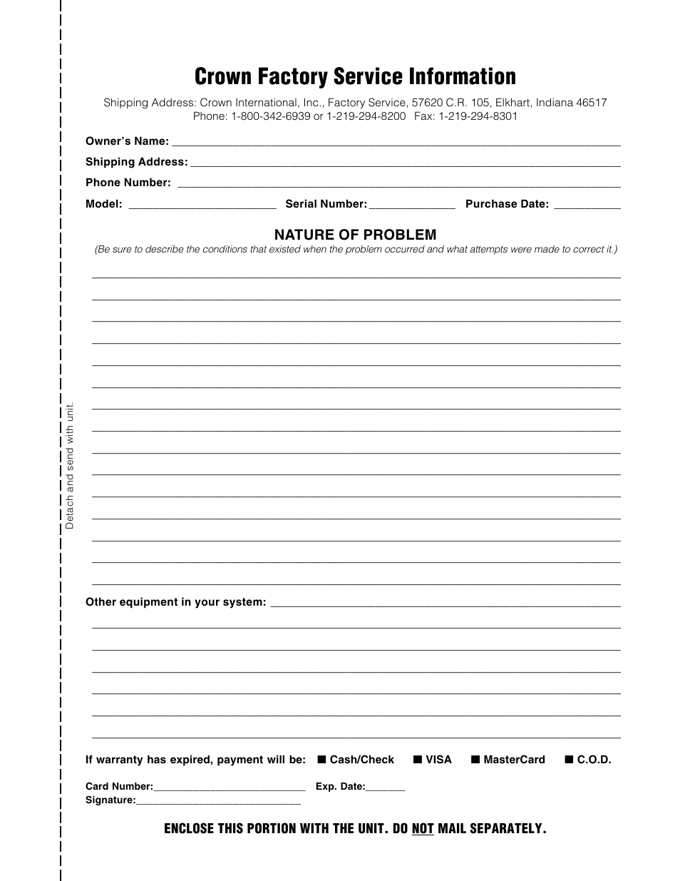 Crown factory service information, Nature of problem | Crown Audio STUDIO AMPLIFIER User Manual | Page 41 / 41