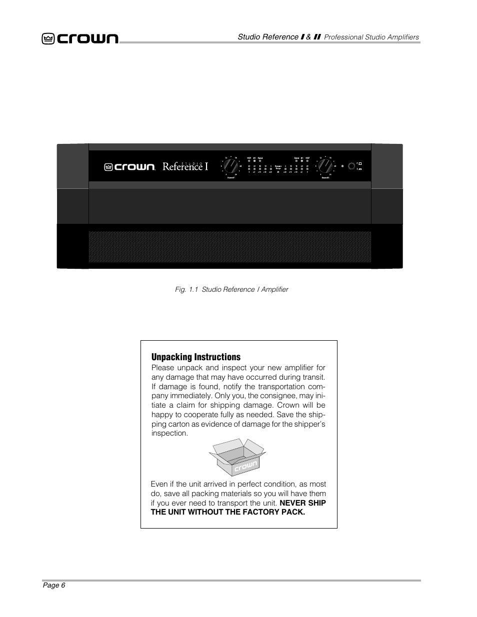 Unpacking instructions | Crown Audio STUDIO AMPLIFIER User Manual | Page 6 / 41
