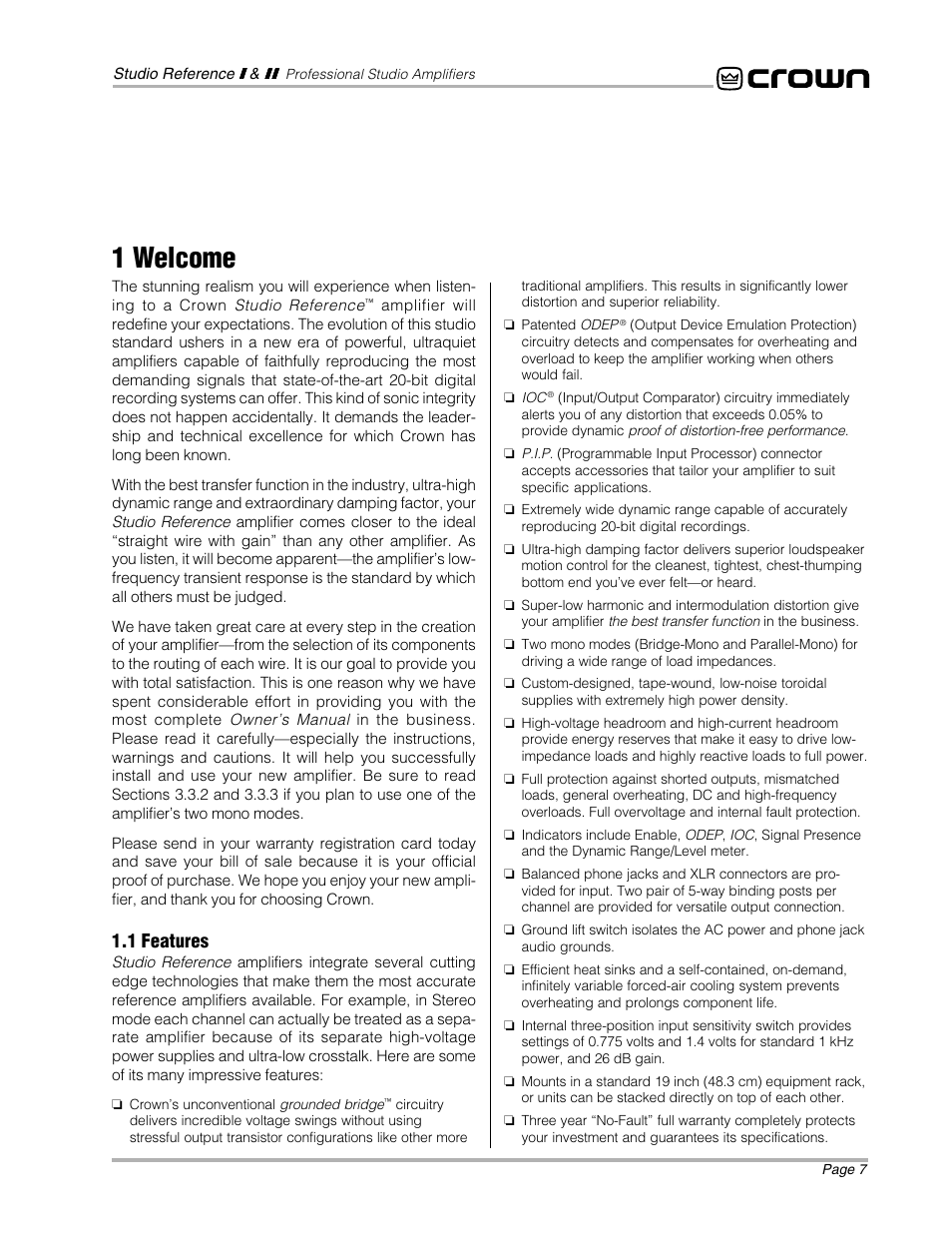 1 welcome, 1 features | Crown Audio STUDIO AMPLIFIER User Manual | Page 7 / 41