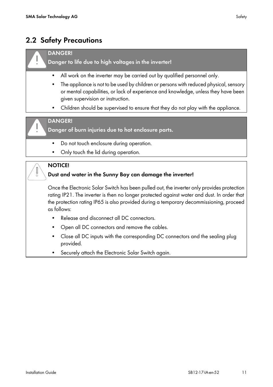 2 safety precautions, Safety precautions | SMA SB 1200 Installation User Manual | Page 11 / 72