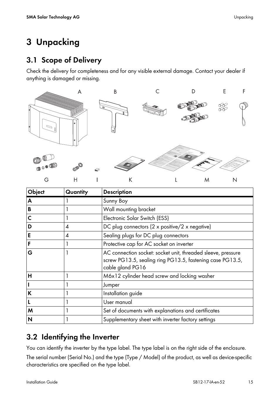 3 unpacking, 1 scope of delivery, 2 identifying the inverter | Unpacking, Scope of delivery, Identifying the inverter | SMA SB 1200 Installation User Manual | Page 15 / 72