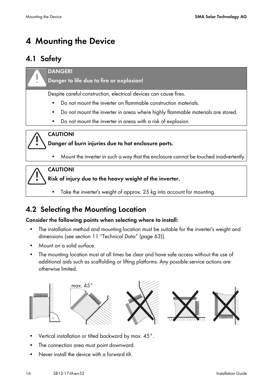 4 mounting the device, 1 safety, 2 selecting the mounting location | Mounting the device, Safety, Selecting the mounting location, 1 safety 4.2 selecting the mounting location | SMA SB 1200 Installation User Manual | Page 16 / 72