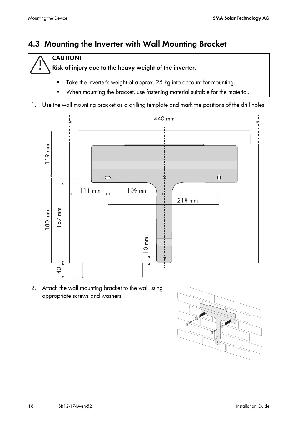 3 mounting the inverter with wall mounting bracket, Mounting the inverter with wall mounting bracket | SMA SB 1200 Installation User Manual | Page 18 / 72