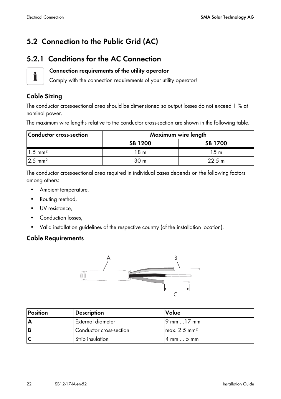 2 connection to the public grid (ac), 1 conditions for the ac connection, Connection to the public grid (ac) | Conditions for the ac connection | SMA SB 1200 Installation User Manual | Page 22 / 72