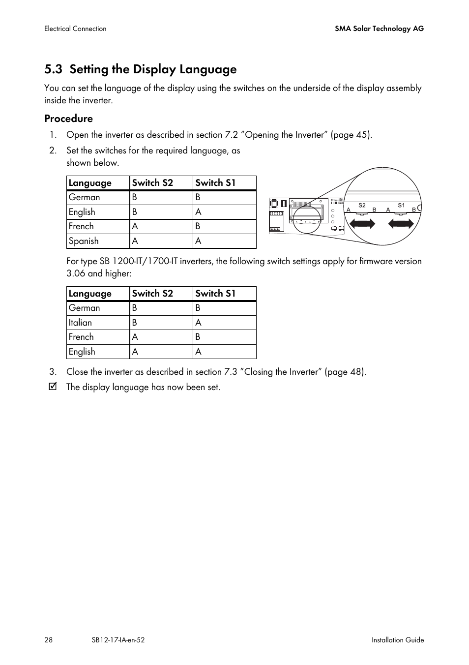 3 setting the display language, Setting the display language | SMA SB 1200 Installation User Manual | Page 28 / 72